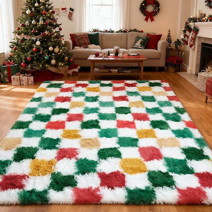 Christmas Area Rug 6x9 for Bedroom Living Room, Checkered Shag Rug Fuzzy Shaggy by Boshengya