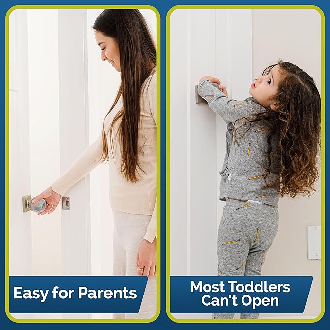 Child Safety Door Knob Cover (4 Pack) Hard-to-Remove Dual-Lock Door Handle Covers for Kids - Reusable Baby Proof Door Knob Locks - Installs Easily, No Tools Needed (Clear)
