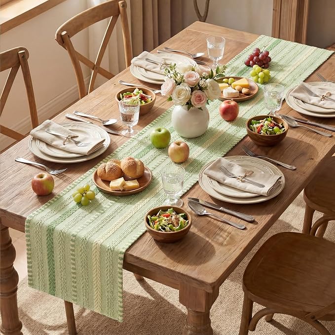 Artoid Mode Sage Green Farmhouse Stripe Braided Table Runner 12x108 Inch | - Image 5