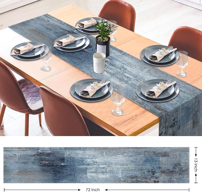 Emvency Table Runner, 13x60 Inch, Farmhouse Abstract Denim | Blue Art Painting - Image 3
