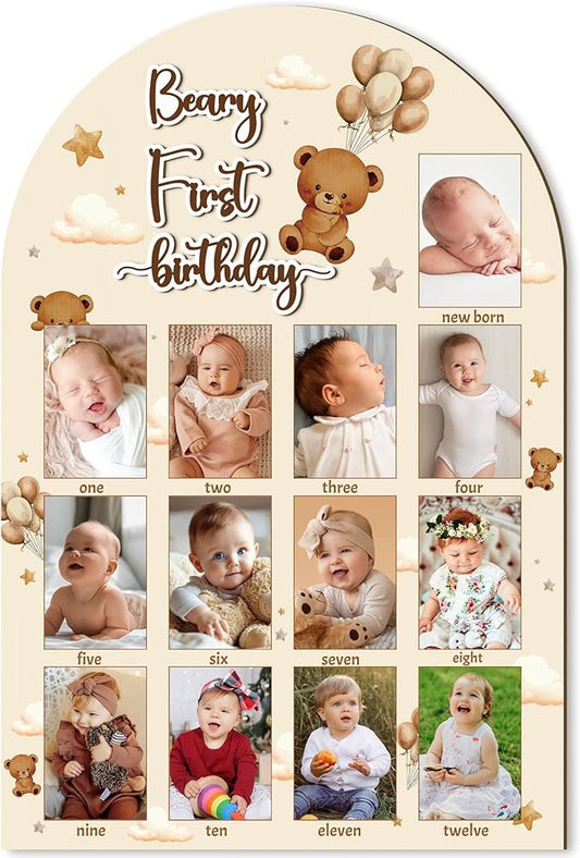 R HORSE My First Year Photo Display Wood Board - 3D Brown Bear Baby's First Year Picture Frame, 12 Months Beary Milestone Board Neutral Baby Keepsake Gift 1st Birthday Nursery Decor for Boy Girl
