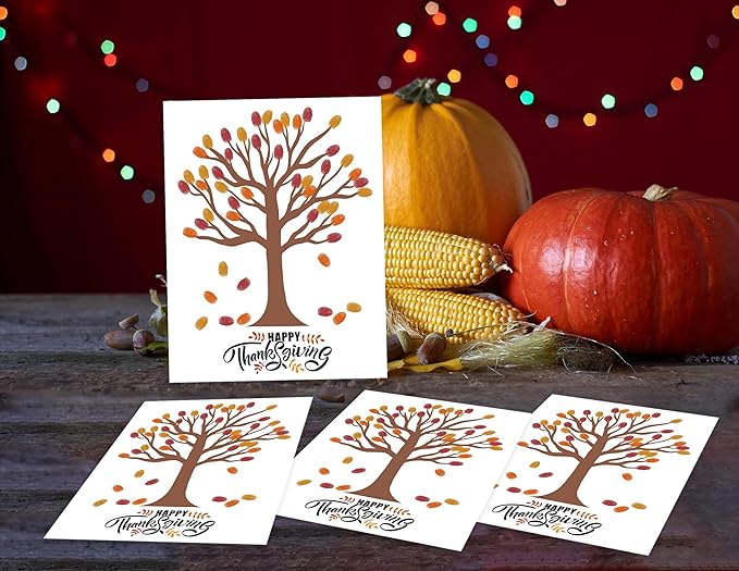 Gratitude Tree Fingerprinting Kit, DIY Happy Thanksgiving Keepsake, Baby Keepsake Gifts, 10 Cards, Thanksgiving Party Game Supplies, Make Your Own Thank You Greeting Cards Gifts for Mom and Dad, 03