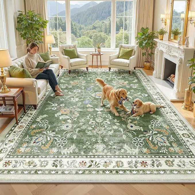 Yamaziot Washable Area Rug 8x10 – Large Non-Slip Boho Floral Living Room Rug by Yamaziot
