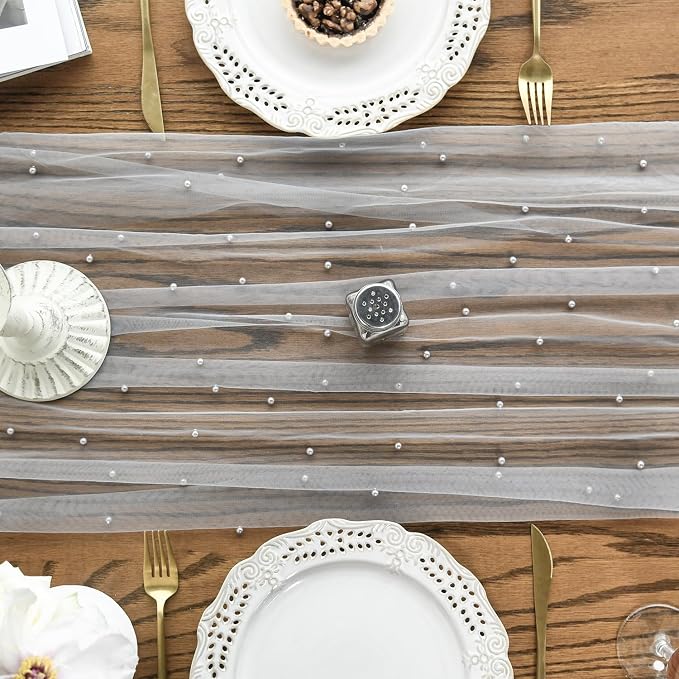 Artoid Mode Pearl Grey Gauze Table Runner 120 Inch 10FT, Seasonal Sheer Dining - Image 2