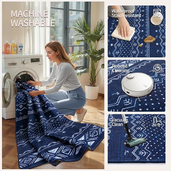 SERISSA 8x10 Area Rugs for Living Room, Washable Non-Slip Blue and White Boho - Image 3