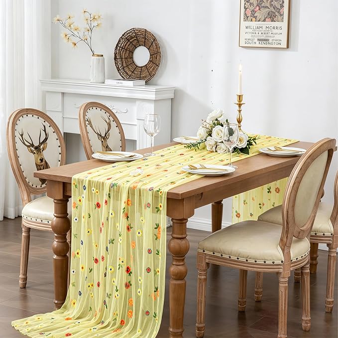 BINBE 3pcs Daisy Spring Table Runner Embroidery Gauze 10FT Florals Seasonal - Image 3