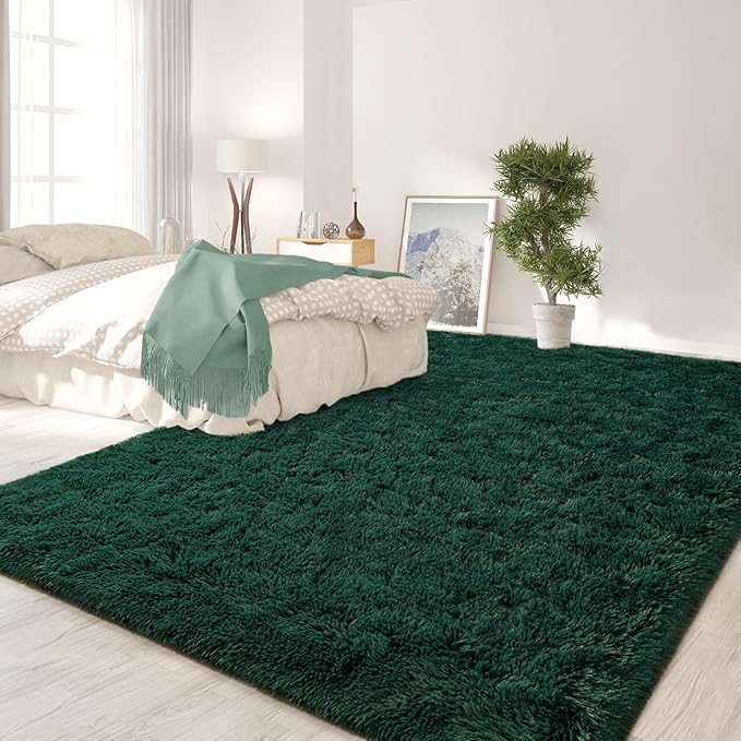 FlyDOIT Large Area Rugs for Living Room, 4x6 Feet Deep-Green Shaggy Rug Fluffy - Image 3