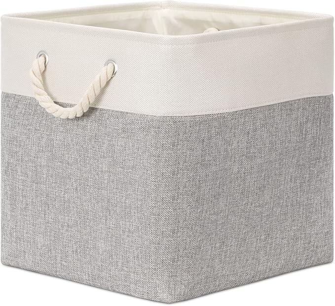 Bidtakay Fabric Basket Set - Large Square Organizer Bins, 13x13, Set of 3, White & Grey