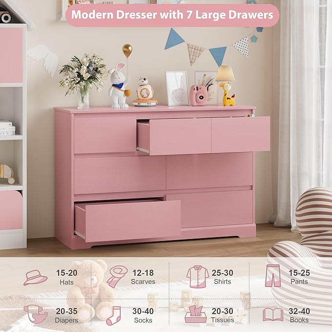 Dresser for Bedroom, Modern Pink Dresser, Wood Chest of Drawers Nursery Dressers, with Storage, 7 Drawer Double with Handle Free, Large Storage Organizer for Living Room,Pink