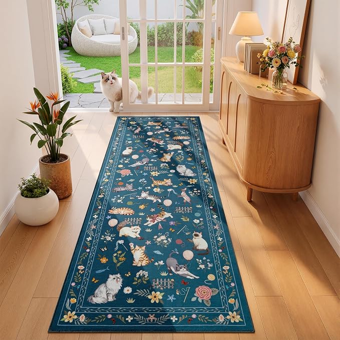 Unirea 2x6 Dark Blue Cat Runner Rug, Washable Non Slip Botanical Rug by UNIREA