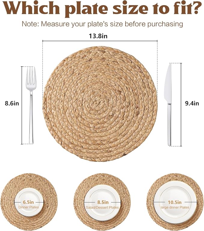 Aofmee 13.8 inch Round Woven Placemats Set of 6, Boho Rattan Place Mats - Image 2