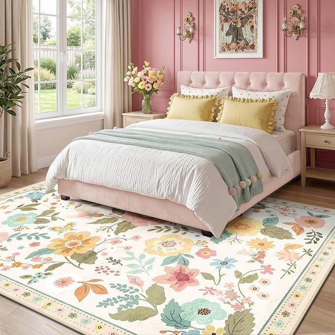 RELEANY Floral 8x10 Area Rugs Washable Print Boho Cute Carpet Non Slip Flower - Image 2