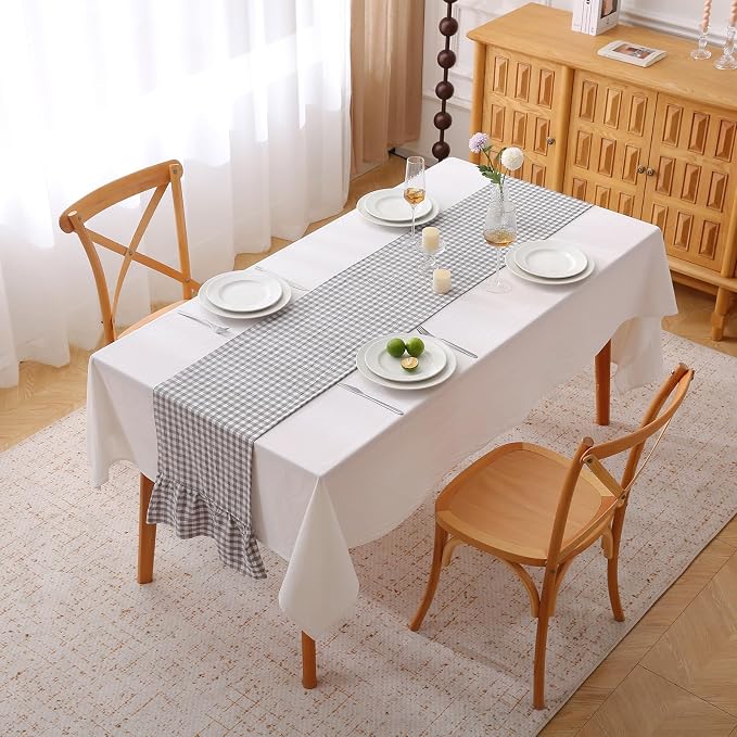 Grey White Plaid Gingham Ruffle Table Runner 108 inches Long 100% Washed Cotton - Image 2