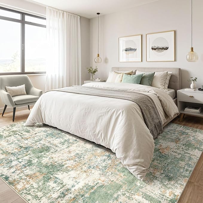5x8 Area Rug Living Room: Washable Large Abstract Soft Green Rugs Stain - Image 4