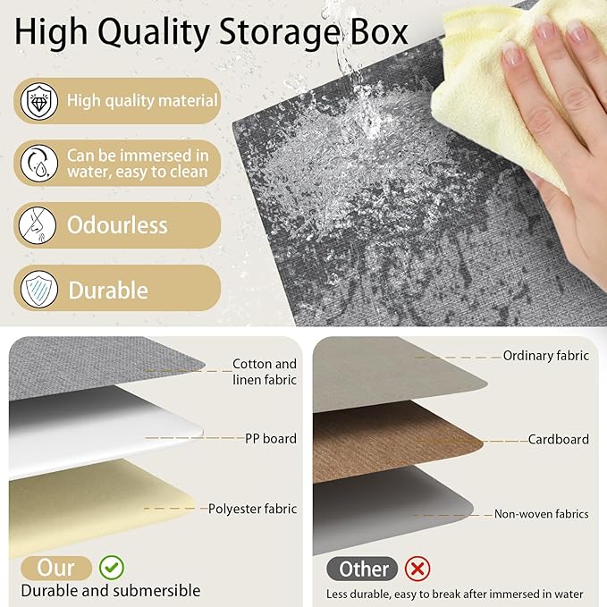 Yawinhe Storage Boxes with Lids, Linen Fabric Bin, Cube Organizer Basket, Washable and Leather Handle, for Home, Closet, White/Grey, 15.0''Lx9.8''Wx9.8''H, 3-Pack, USNK024WGL-3