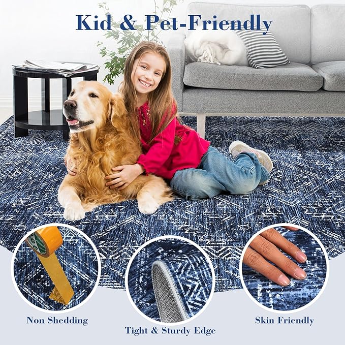 COZYLOOM Bedroom Rug 8x10 Under Bed Machine Washable Area Rugs Modern Abstract Floor Cover with Non Slip Backing Stain-Resistant Geometric Carpet for Nursery, Living Room, Blue