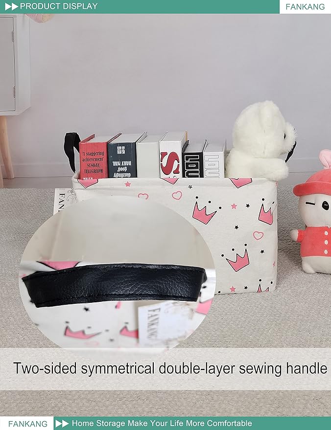 FANKANG Storage Bins, Nursery Hamper Canvas Laundry Basket Foldable with Waterproof PE Coating Large Storage Baskets for Kids Boys and Girls, Office, Bedroom, Clothes,Toys(Rec-pink crowns)