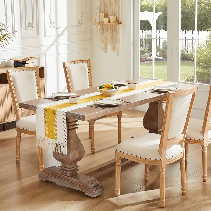 Macrame Style Bicolor Stitching Table Runner 14x108in Mustard | Woven Boho - Image 2
