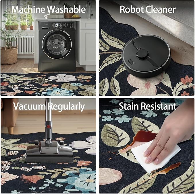 DCX Black Floral Rug 9x12, Washable Black Rug - Image 8