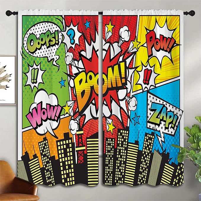 Superhero City Wars Explosion Rod Pocket Blackout Curtains for Boy Girl Bedroom, Colorful Comics Ar Thermal Insulated Home Window Drapes for Living Room Darkening, 72x63 inch