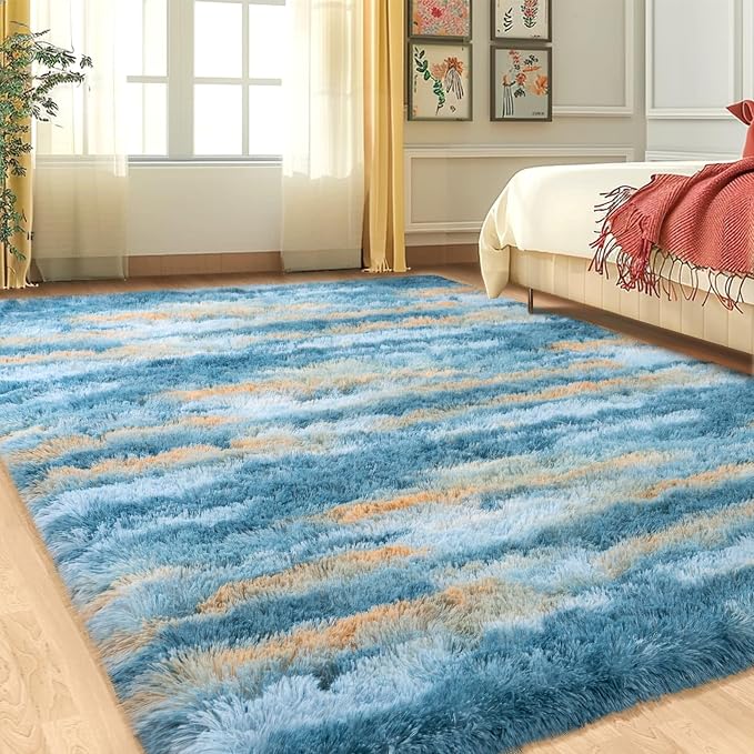 Shag Rugs for Living Room 8x10, Ultra Soft Fluffy Abstract Blue Yellow Fuzzy - Image 8