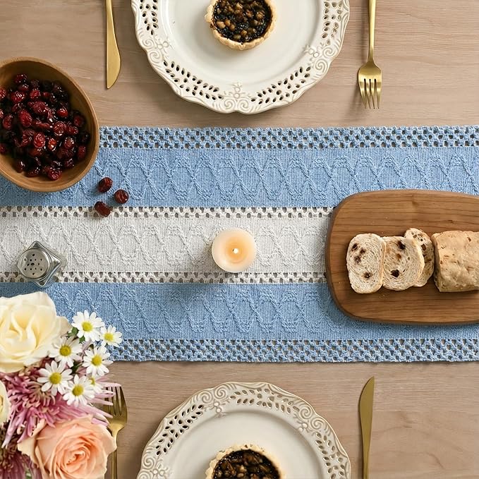Artoid Mode Sky Blue Farmhouse Woven Table Runner 12x120 Inch | Holiday Rustic - Image 4