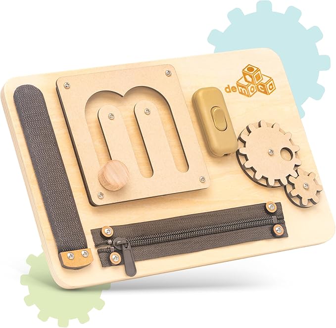 deMoca Baby Busy Board for 1 Year Old, Premium Montessori Toddler Travel Toy with Educational Activities, Sensory Travel Toys for Toddlers 1-3, Wooden Busy Board, Gift for Boy & Girl