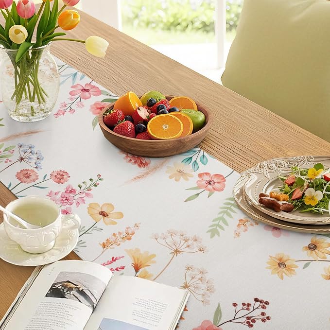 Bonhause Spring Floral Table Runner 13x72 Inch Pink Flowers Green Leaves - Image 5
