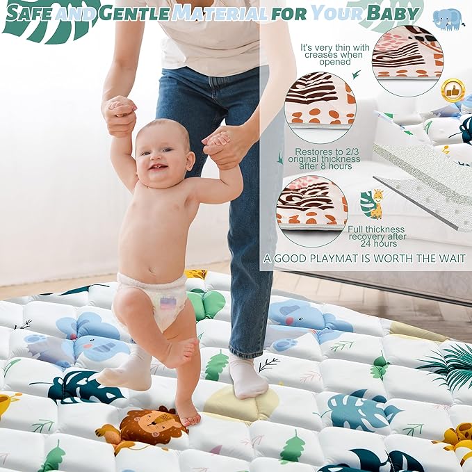 Baby Play Mats for Floor, 47x47 Playpen Mat for Babies, Extra Thicker & Soft Floor Crawling Mat, Foldable Non-Slip Playmat Cushioned for Infants Toddlers, Cute Animal Design