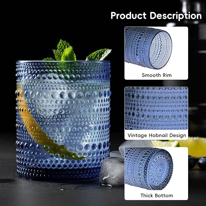 Moretoes Blue Hobnail Drinking Glasses Set of 6, Vintage Glass Cups | 12 Oz - Image 5