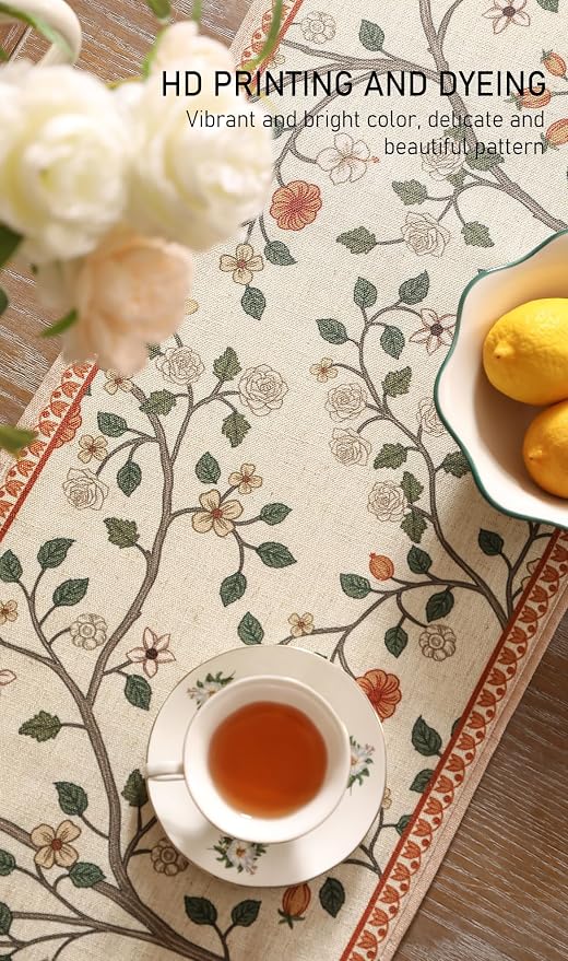 Designer French Linen Extra Long Table Runner, Floral Pattern, Dining Table - Image 4