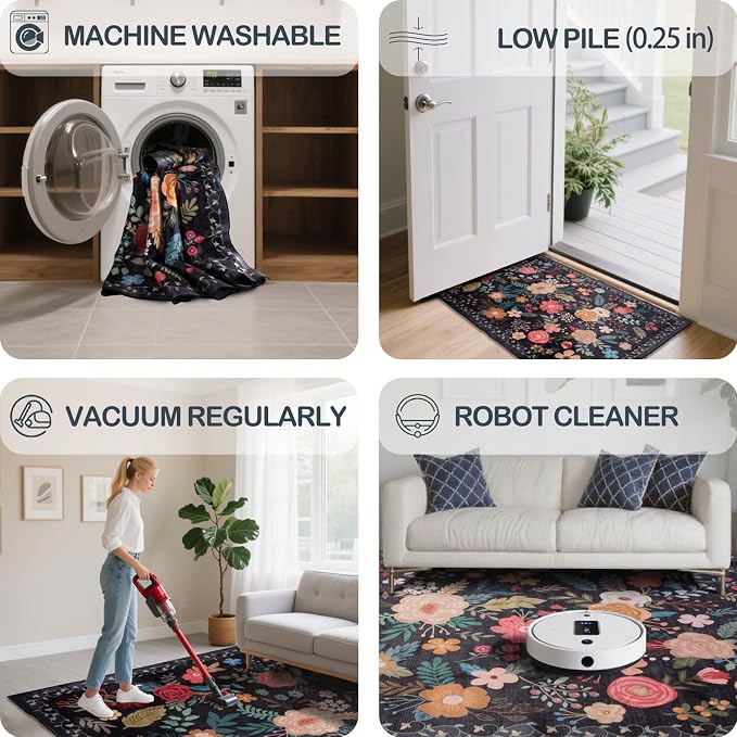 5x7 Area Rug, Floral Rugs for Living Room, Stain-Resistant Washable Bedroom Rug - Image 4