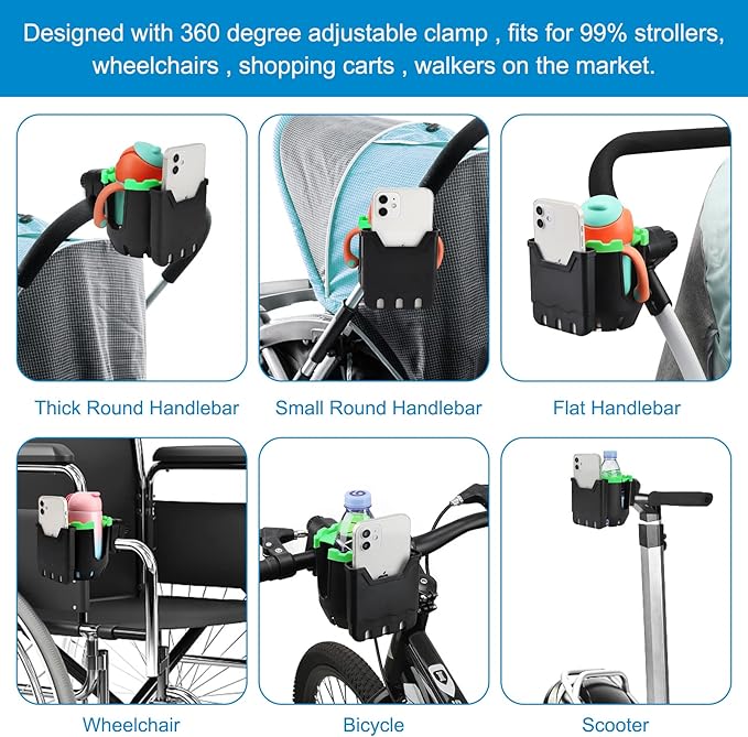 Accmor Stroller Cup Holder with Phone Holder, Universal Cup Holder, Bike Cup Holder, 360° Rotatable Large Caliber Drinks Holder for Stroller, Bike, Wheelchair, Walker