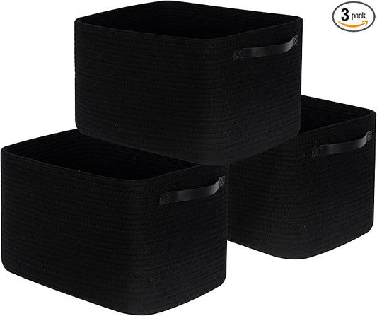 MINTWOOD Design 3-Pack Storage Baskets for Shelves, Decorative Baskets for Organizing, Woven Baskets for Storage, Book Basket Cube Bin Box, Pantry Closet, Shoe Organizer, Black / Black
