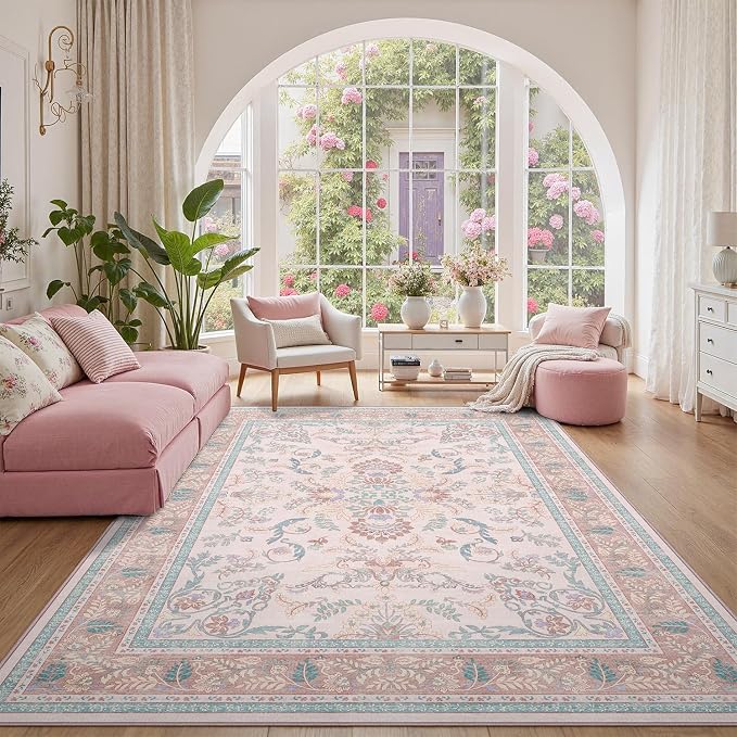 DCX 5x7 Pink Vintage Floral Rug, Machine Washable Non Slip Low Pile Carpet - Image 3