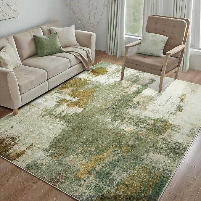 Kelarea Living Room Rug, 5x7 Rug Modern Abstract Washable Rugs Green Faux Wool Vintage Carpets, Non Slip Rug for Bedroom, Dining Room, College Dorm, Kids Playroom, Home Office