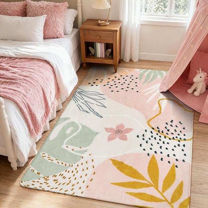 Lahome Pink Boho Nursery Rug 4x6, Washable Non Slip Soft Botanical Area Rug - Image 2