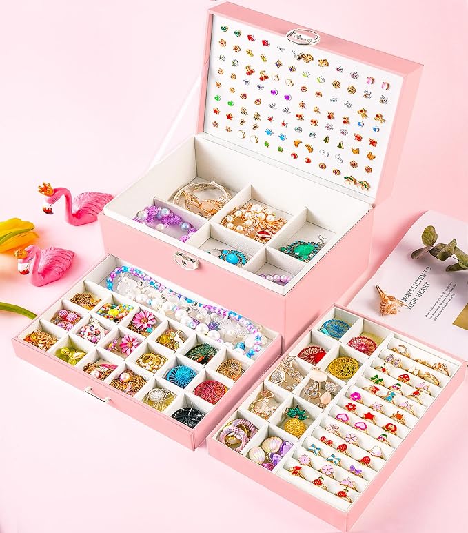Earrings Jewelry Box for Girls, 5 Layers Jewelry Organizer with Earring Holder Organizer for Girls Earring Organizer Jewelry Boxes for Women Earrings and Necklaces Jewelry Box Organizer Pink