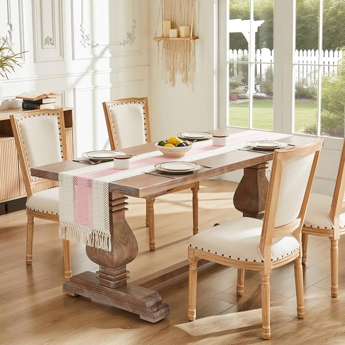 Macrame Style Bicolor Stitching Table Runner 14x48in Light Pink | Woven Boho - Image 2