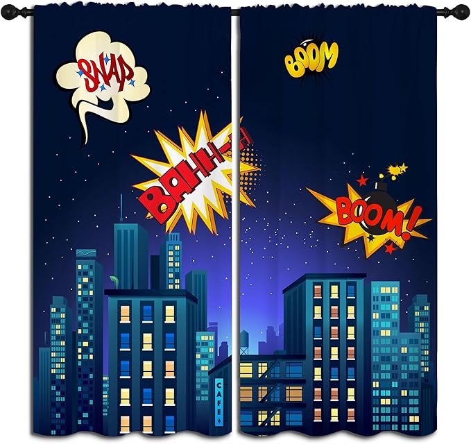 Superhero Rod Pocket Blackout Curtains for Boy Girl Bedroom, Cartoon Skyline Buildings Cityscape Home Energy Efficient Light Filtering Window Curtain for Living Room, 63x63 inch