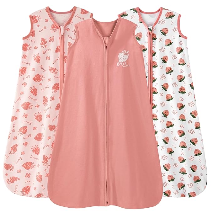 Baby Sleep Sack 18-24 Months 0.5 Tog Wearable Blanket Baby, 3 Pack 100% Cotton Lightweight Sleeping Sack with 2-Way Zipper for Infant Toddler Strawberry