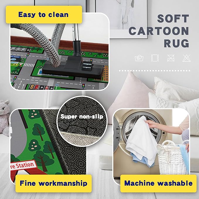 Fun Car Play Area Carpet Car Mat 2x3 Play Rug for Playroom Town City Road Map for Boys Bedroom Non-Slip Washable