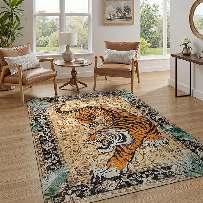 DCX Washable 3x5 Tiger Rug, Soft Low Pile Carpet, Kid & Pet Friendly - Image 5