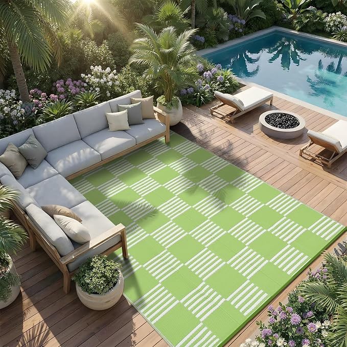 Garvee Waterproof Outdoor Rug 9x12, Checkered Foldable Plastic Straw Patio - Image 6
