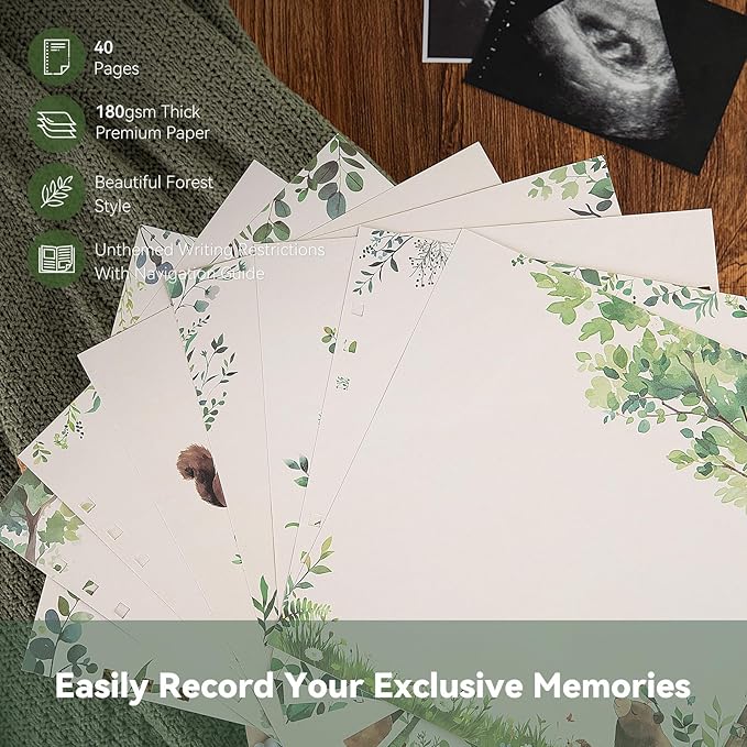 Leather Embroidery Baby Book Keepsake - Gender Neutral Baby Memory Book, Baby Photo Album for First 5 Years, Baby Books for Baby Shower, Pregnant Mom Gifts, Forest-Inspired Design, 10" x 10"