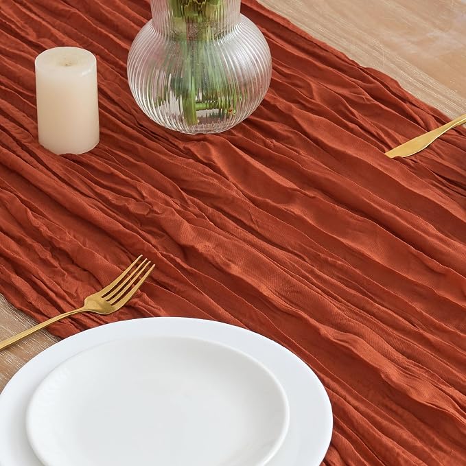 Asee'm Terracotta Fall Cheesecloth Table Runner 10FT Boho Burnt Orange | Rustic - Image 3