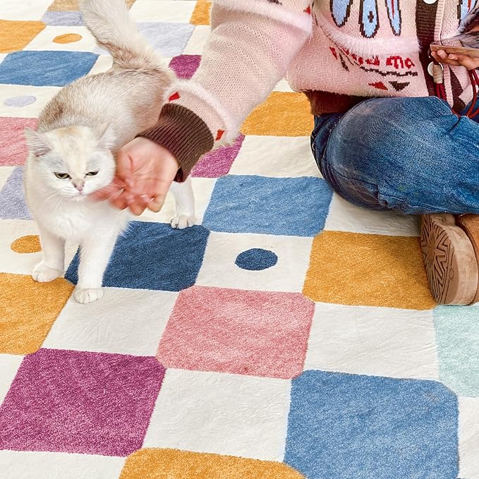 jinchan Macy 4ft Round Rug for Kids Room Modern Colorful Checkered Diamond - Image 6