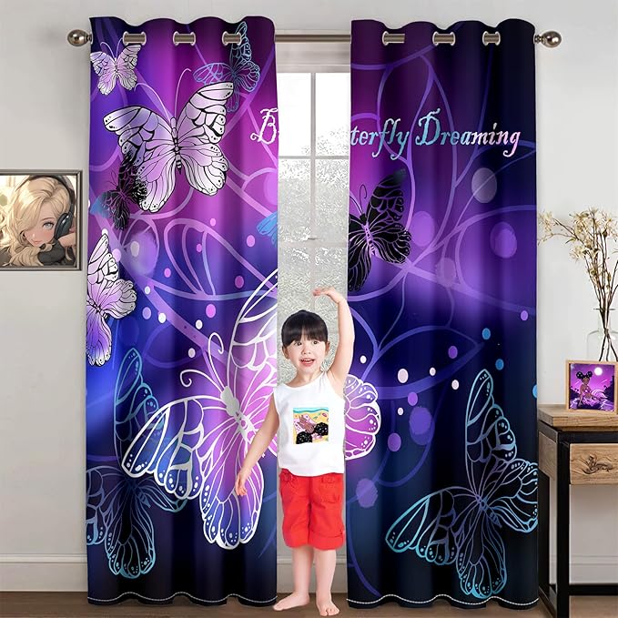 Butterfly Window Curtain Panels Purple Blackout Girls Curtains for Bedroom 2 Panels Curtains 84 inch Length for Girls Bedroom Nursery Room Grommet Top Thermal Insulated Curtains, 82" x 84"