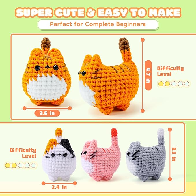 Crochet Kit for Beginners-4PCS Cat Crochet Kits for Adults, Crochet Starter Kit with Step-by-Step Video Tutorials, Crochet Animals Kits DIY Craft Knitting Kit Learn to Crochet Kits for Adults
