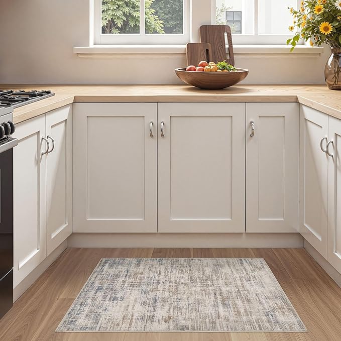 2x3 Entryway Area Rugs: Washable Neutral Abstract Small Rug Door Mat Non-Slip Soft Low Pile Indoor Carpe for Entrance Kitchen Front Door Bathroom Entry Kids Room - Brown